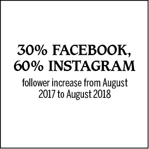 30% Facebook, 60% Instagram follower increase from August 2017 to August 2018