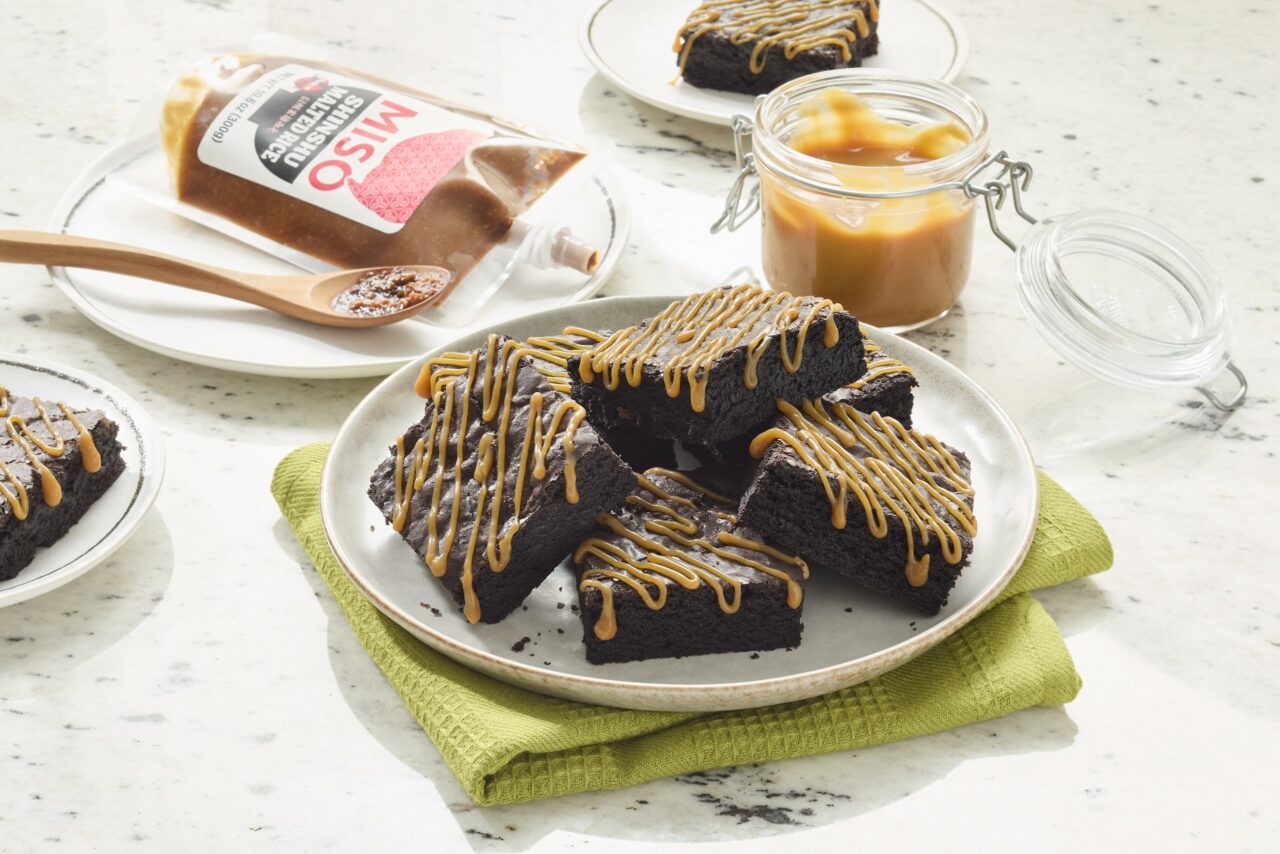 Miso Caramel Brownies on a countertop