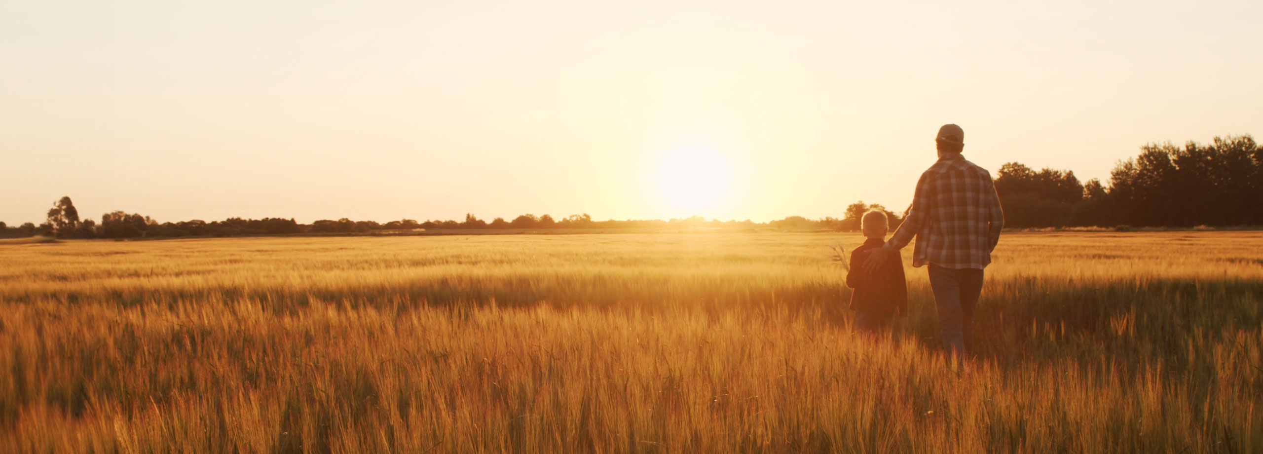 Photo of a farmer and his child watching the sunset in a field