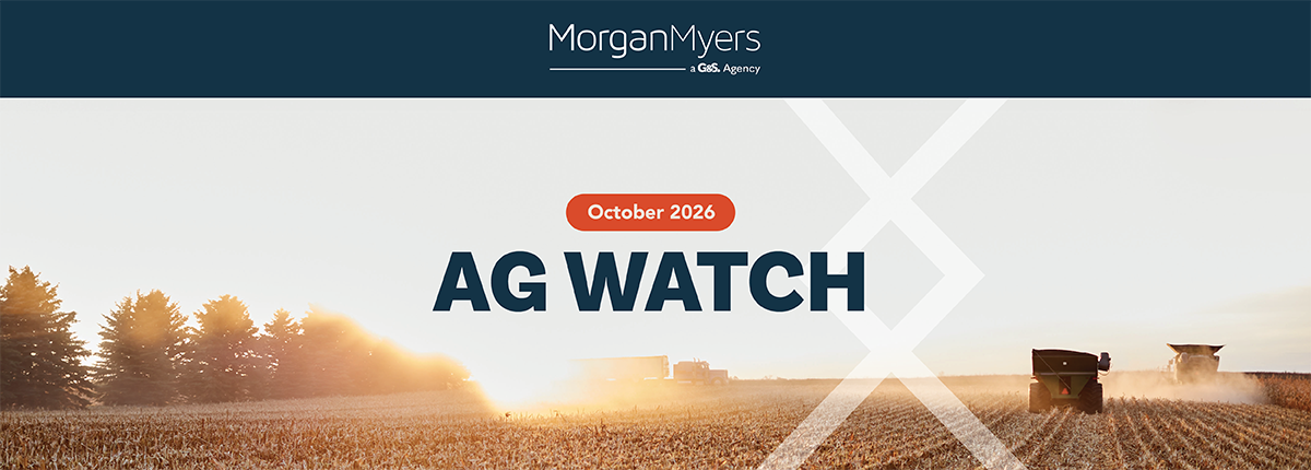 A field with multiple pieces of farm equipment harvesting corn. The MorganMyers Logo is at the top and MorganMyers iconography is visible. An orange block with rounded edges says October 2026, and large blue text says Ag Watch